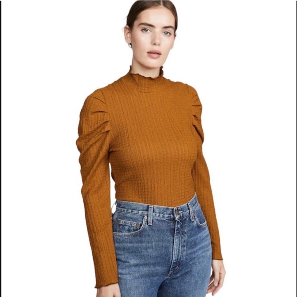 Free People Ella golden brown puff shoulder textured knit top‎ size Medium